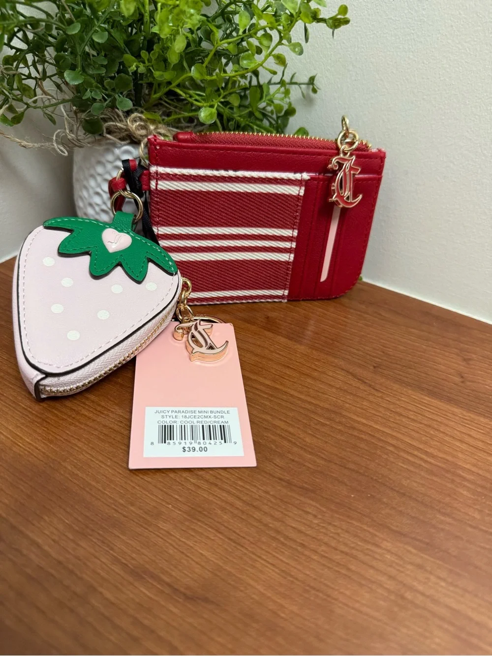 Juicy Couture Red and White Stripe Coin Pouch with Pink Strawberry Charm NWT